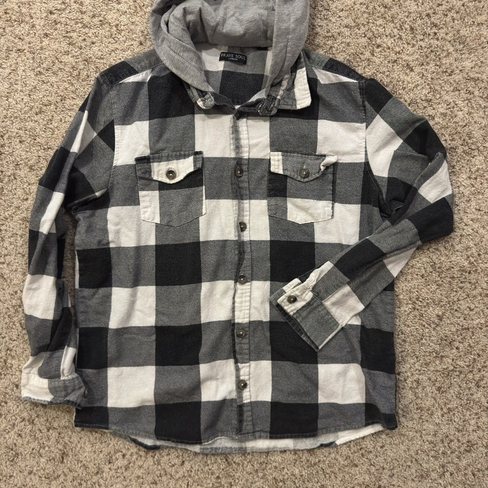 Brave Soul Flannel Hoodie Mens Large Long Sleeve Shirt Button Up